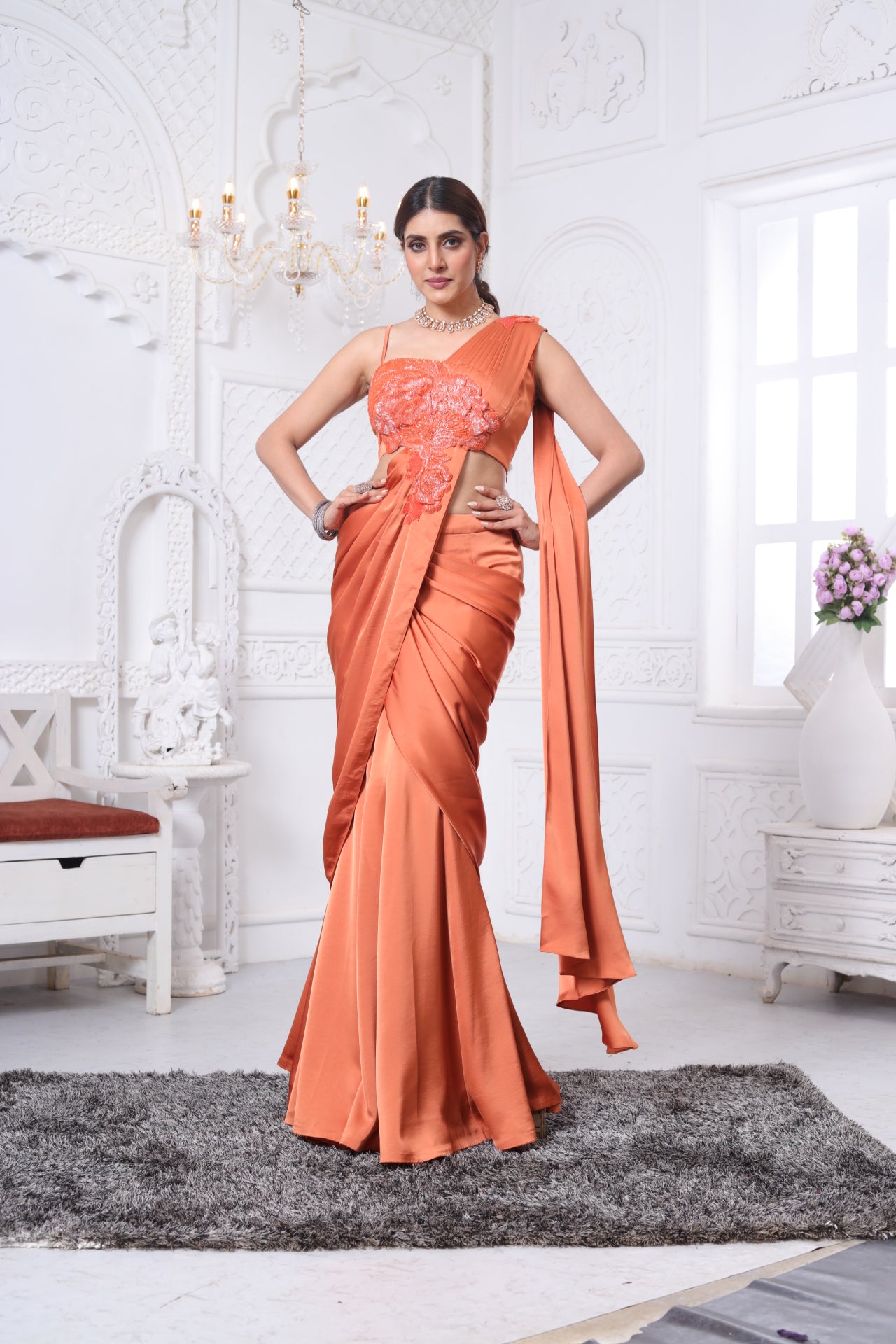 Orange Pre Drapped Saree