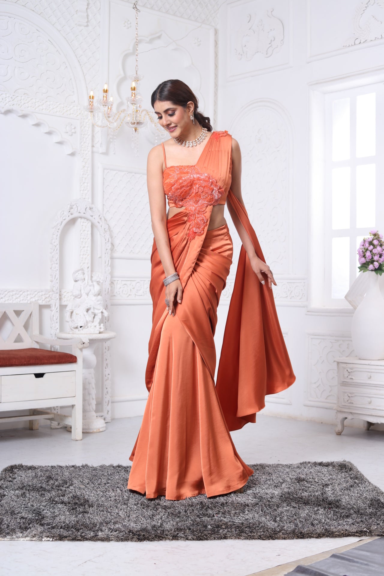 Orange Pre Drapped Saree