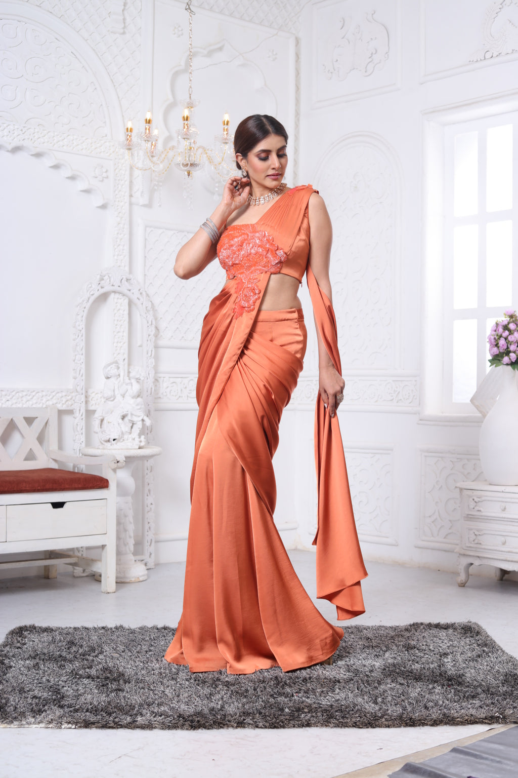 Orange Pre Drapped Saree